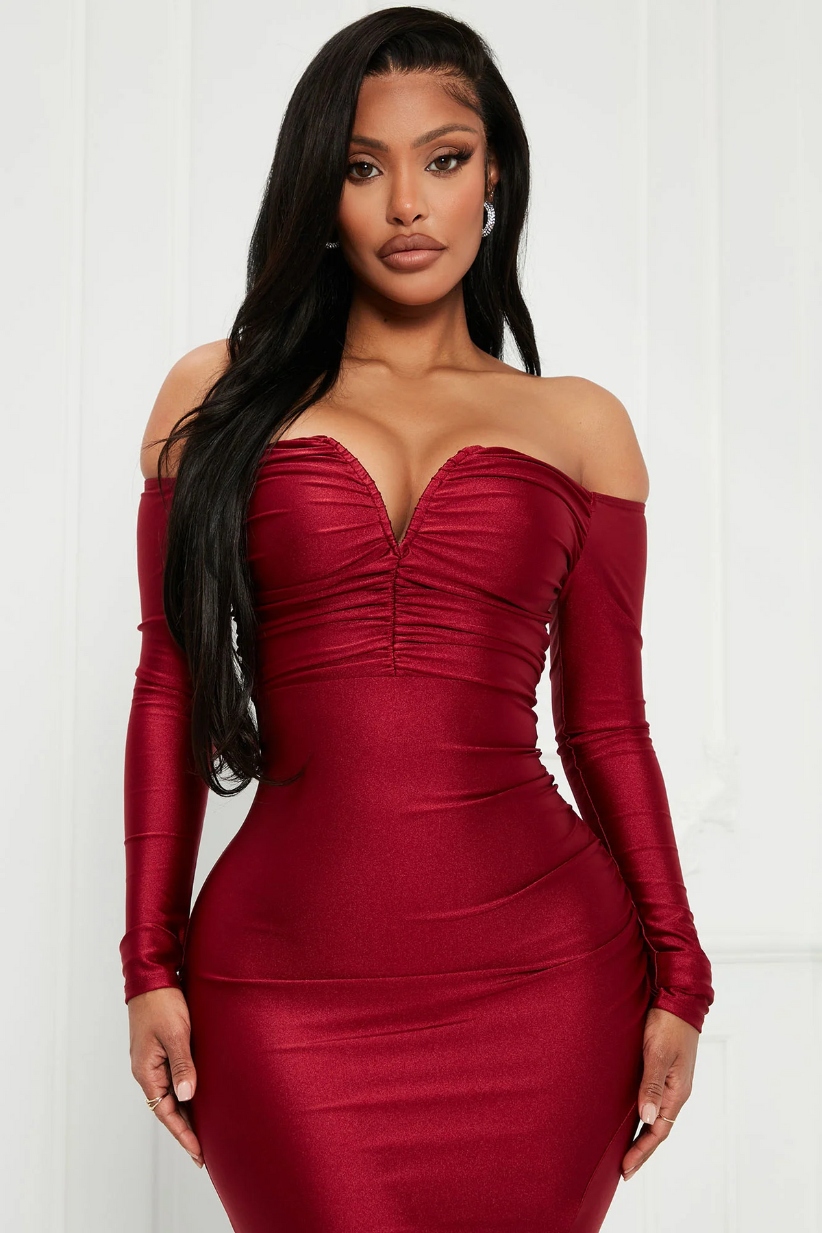 Burgundy Off Shoulder Long Sleeve Ruched High Slit Mermaid Evening Dress
