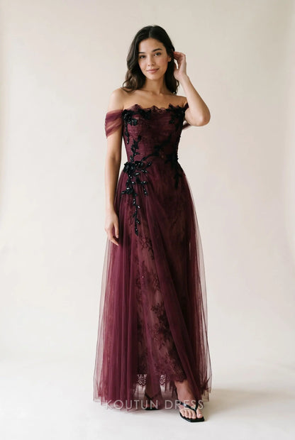 Burgundy Off The Shoulder Floral Applique Tulle Lace A Line Floor Length Prom Dress