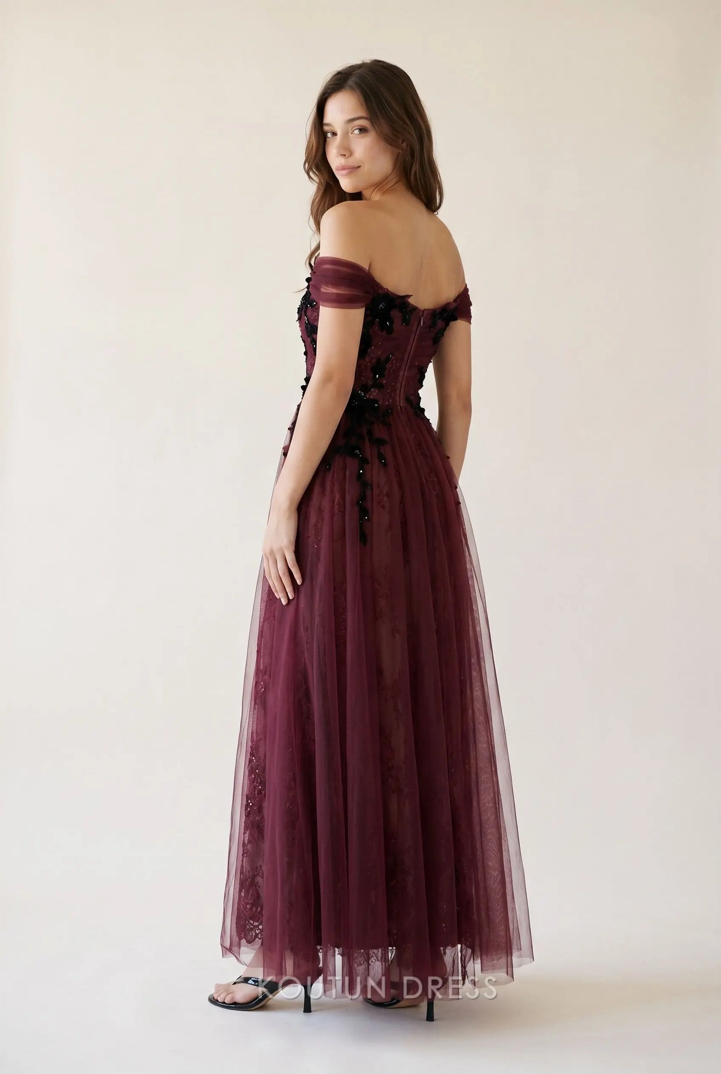 Burgundy Off The Shoulder Floral Applique Tulle Lace A Line Floor Length Prom Dress