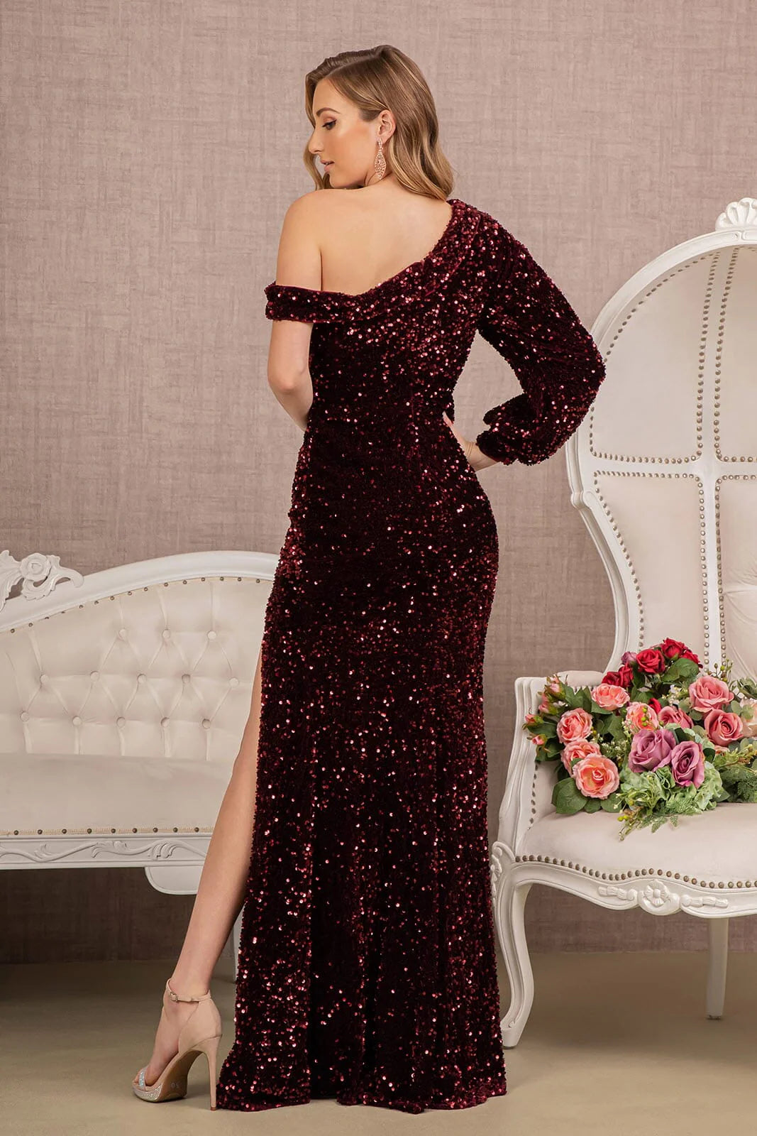 Burgundy One Shoulder Sequin Velvet Evening Dresses with Cutout Sleeve Front Slit for Party and Gala