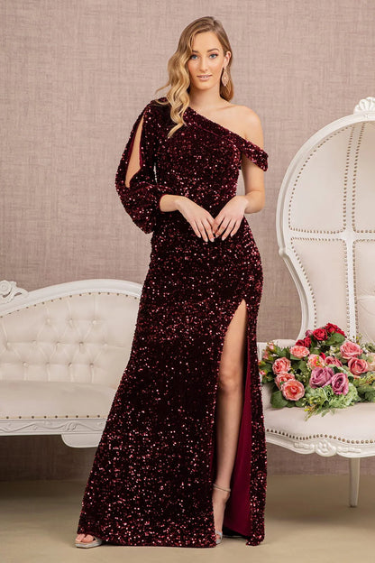 Burgundy One Shoulder Sequin Velvet Evening Dresses with Cutout Sleeve Front Slit for Party and Gala