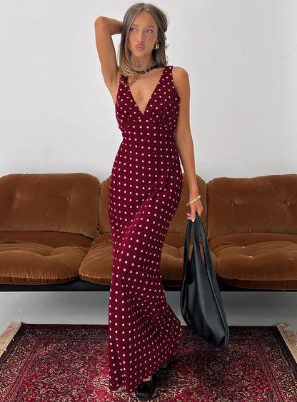 Burgundy Polka Dot Prom Dress with Sleeveless V Neck and Tie Back for Formal Events and Prom Nights