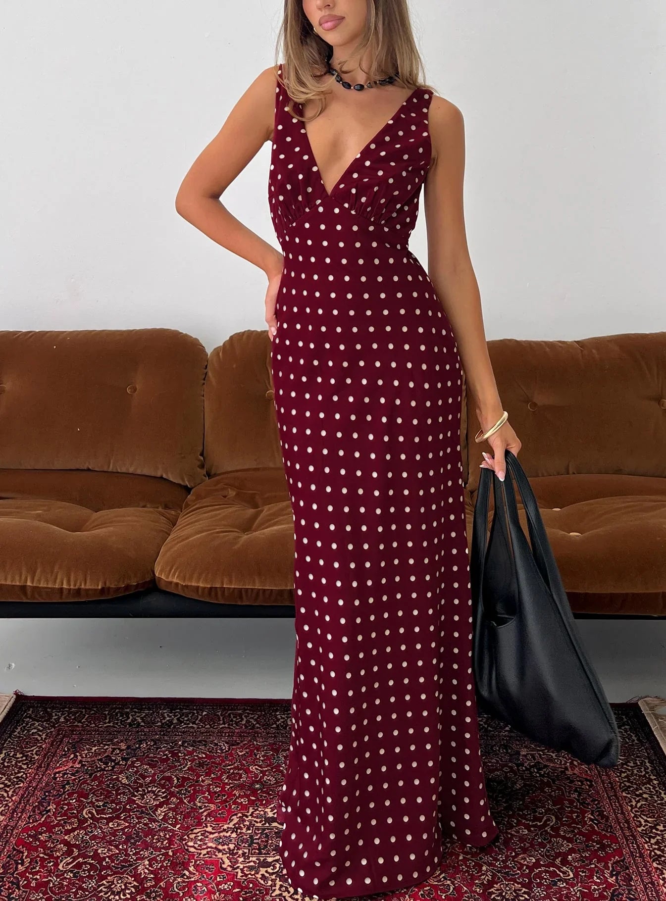 Burgundy Polka Dot Prom Dress with Sleeveless V Neck and Tie Back for Formal Events and Prom Nights