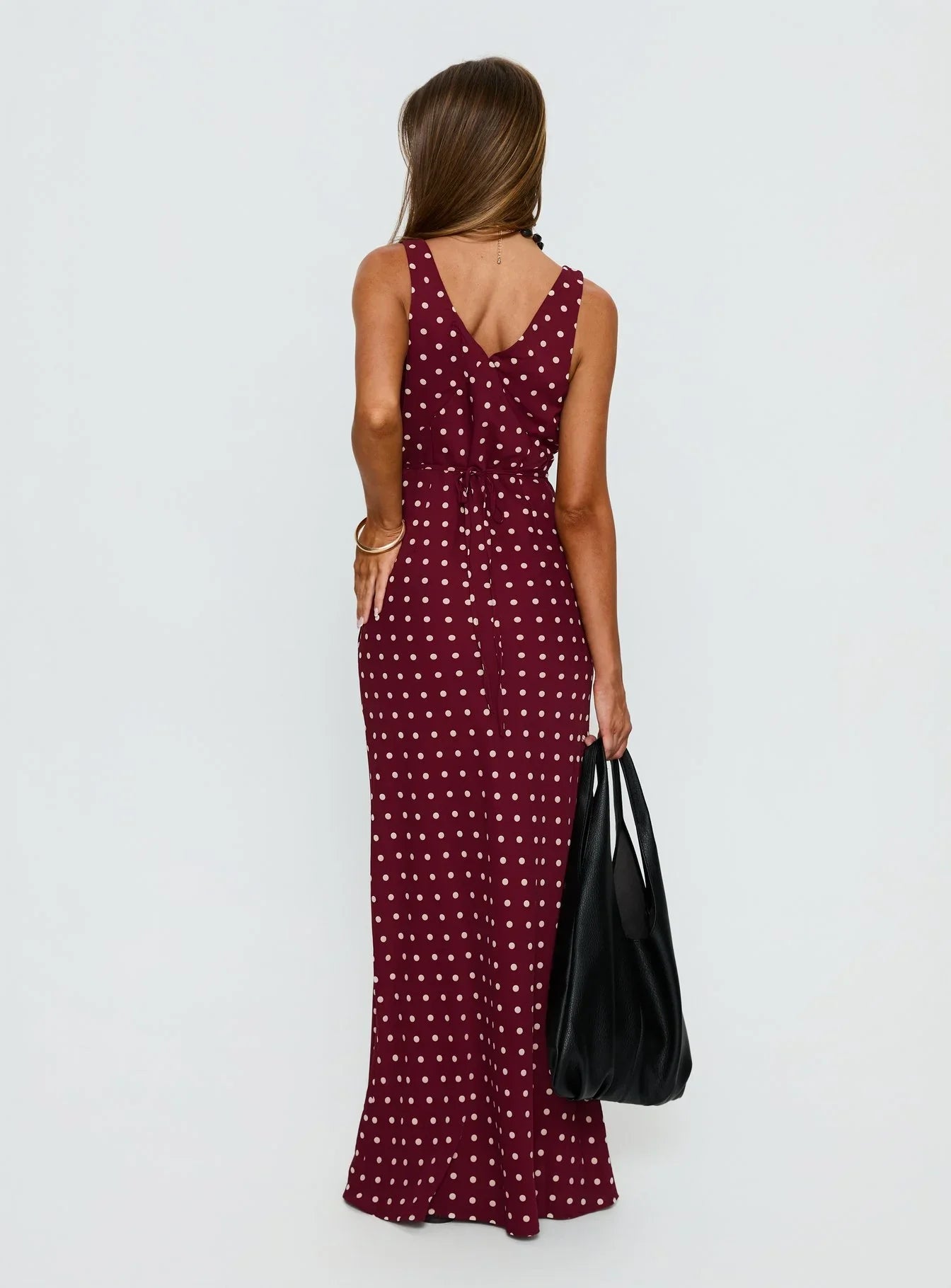 Burgundy Polka Dot Prom Dress with Sleeveless V Neck and Tie Back for Formal Events and Prom Nights