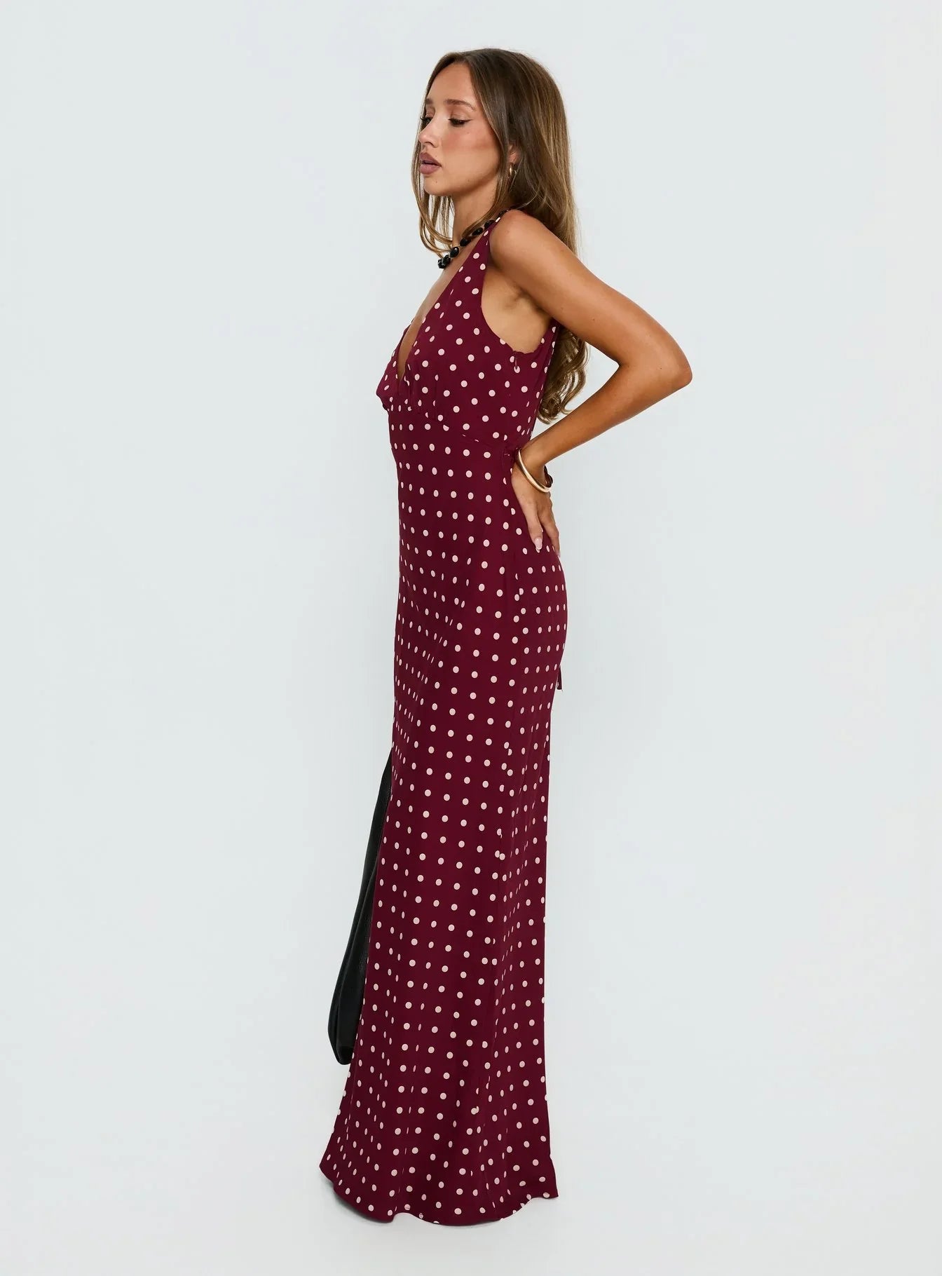 Burgundy Polka Dot Prom Dress with Sleeveless V Neck and Tie Back for Formal Events and Prom Nights