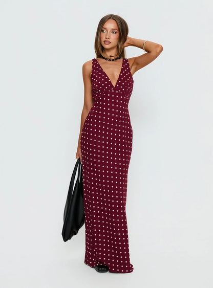 Burgundy Polka Dot Prom Dress with Sleeveless V Neck and Tie Back for Formal Events and Prom Nights