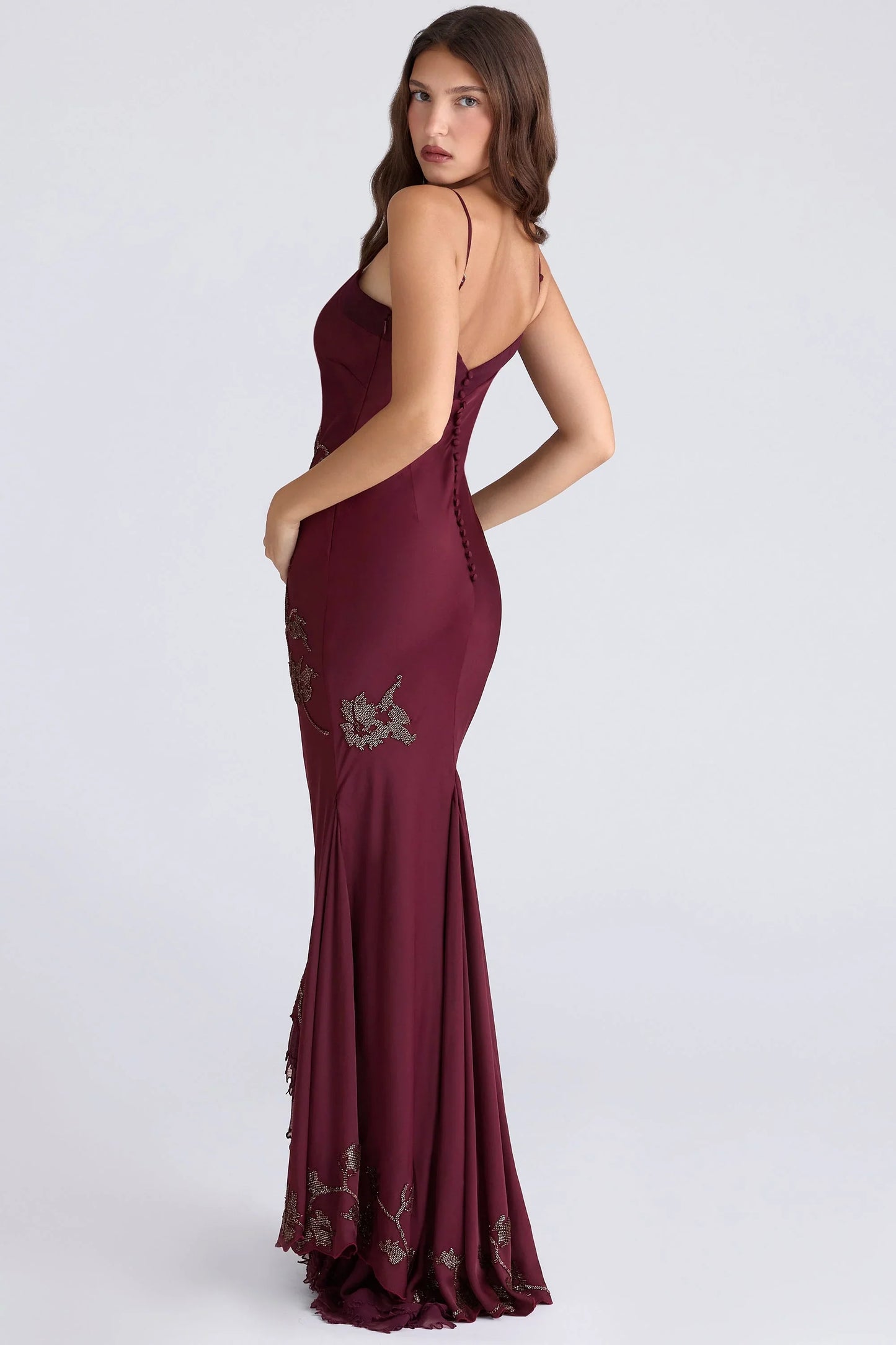 Burgundy Satin Spaghetti Strap V-Neck Embellished Mermaid Floor Length Formal Evening Prom Dress