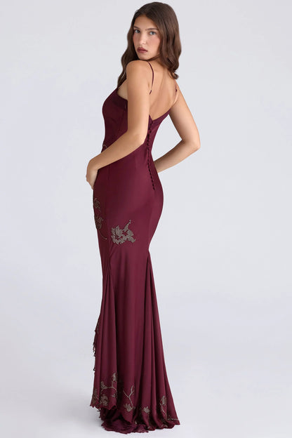 Burgundy Satin Spaghetti Strap V-Neck Embellished Mermaid Floor Length Formal Evening Prom Dress