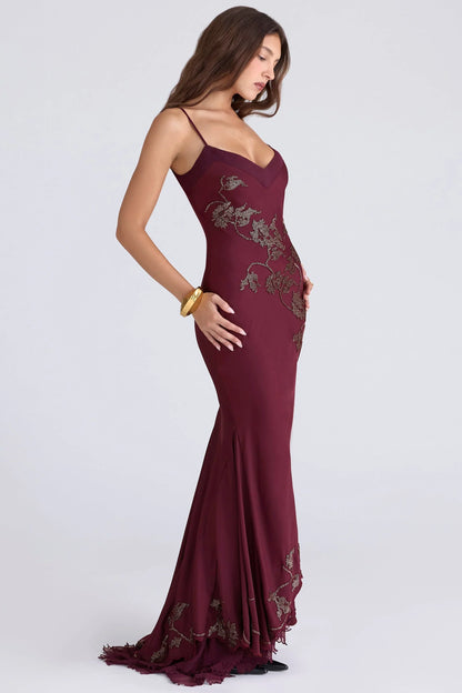 Burgundy Satin Spaghetti Strap V-Neck Embellished Mermaid Floor Length Formal Evening Prom Dress