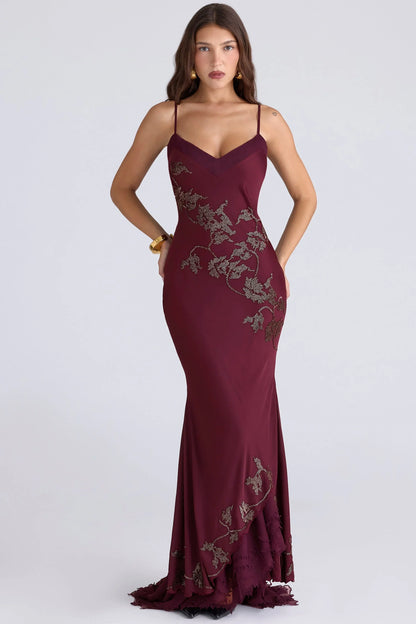 Burgundy Satin Spaghetti Strap V-Neck Embellished Mermaid Floor Length Formal Evening Prom Dress