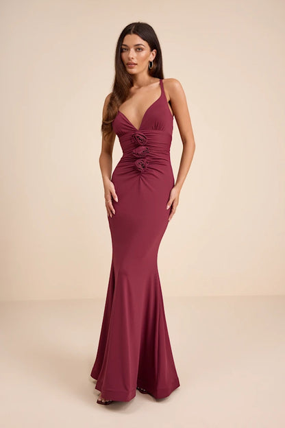 Burgundy Spaghetti Strap Prom Dress With Floral Appliques Crisscross Lace Up Back And Mermaid Formal Prom Dress
