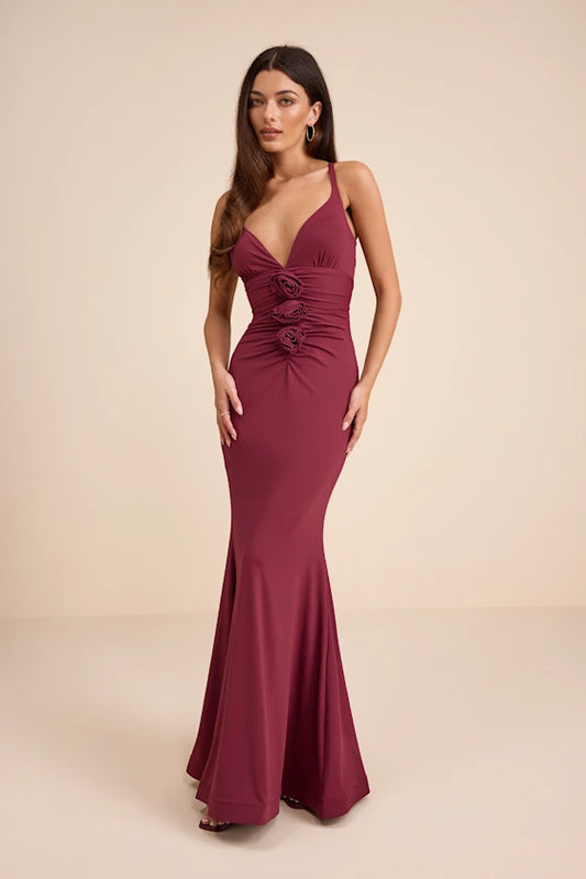Burgundy Spaghetti Strap Prom Dress With Floral Appliques Crisscross Lace Up Back And Mermaid Formal Prom Dress