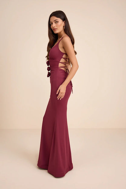 Burgundy Spaghetti Strap Prom Dress With Floral Appliques Crisscross Lace Up Back And Mermaid Formal Prom Dress
