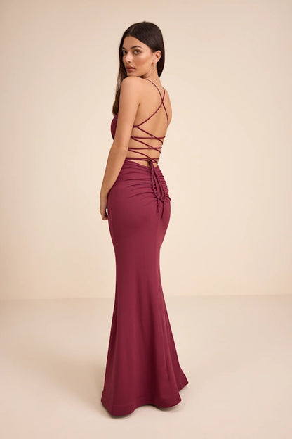 Burgundy Spaghetti Strap Prom Dress With Floral Appliques Crisscross Lace Up Back And Mermaid Formal Prom Dress