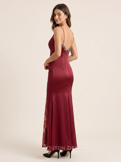 Burgundy Spaghetti Strap V Neck Lace Panel Beaded Crystal Detail Satin Mermaid Formal Evening Prom Dress With Slit