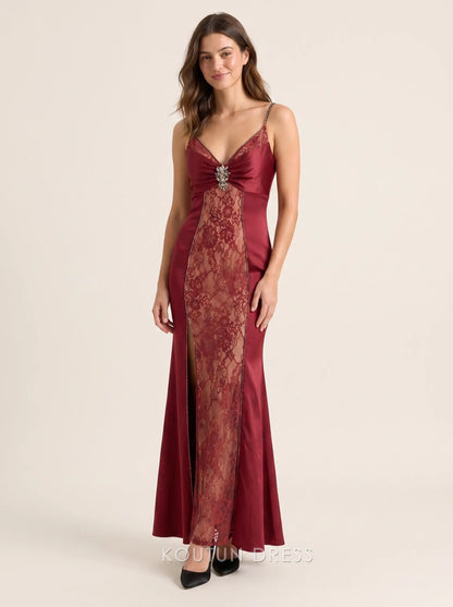 Burgundy Spaghetti Strap V Neck Lace Panel Beaded Crystal Detail Satin Mermaid Formal Evening Prom Dress With Slit