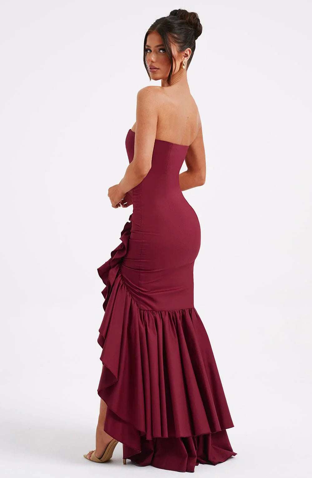 Burgundy Strapless Corset Mermaid Dress with Tiered Ruffle Skirt and High Slit Prom Dress