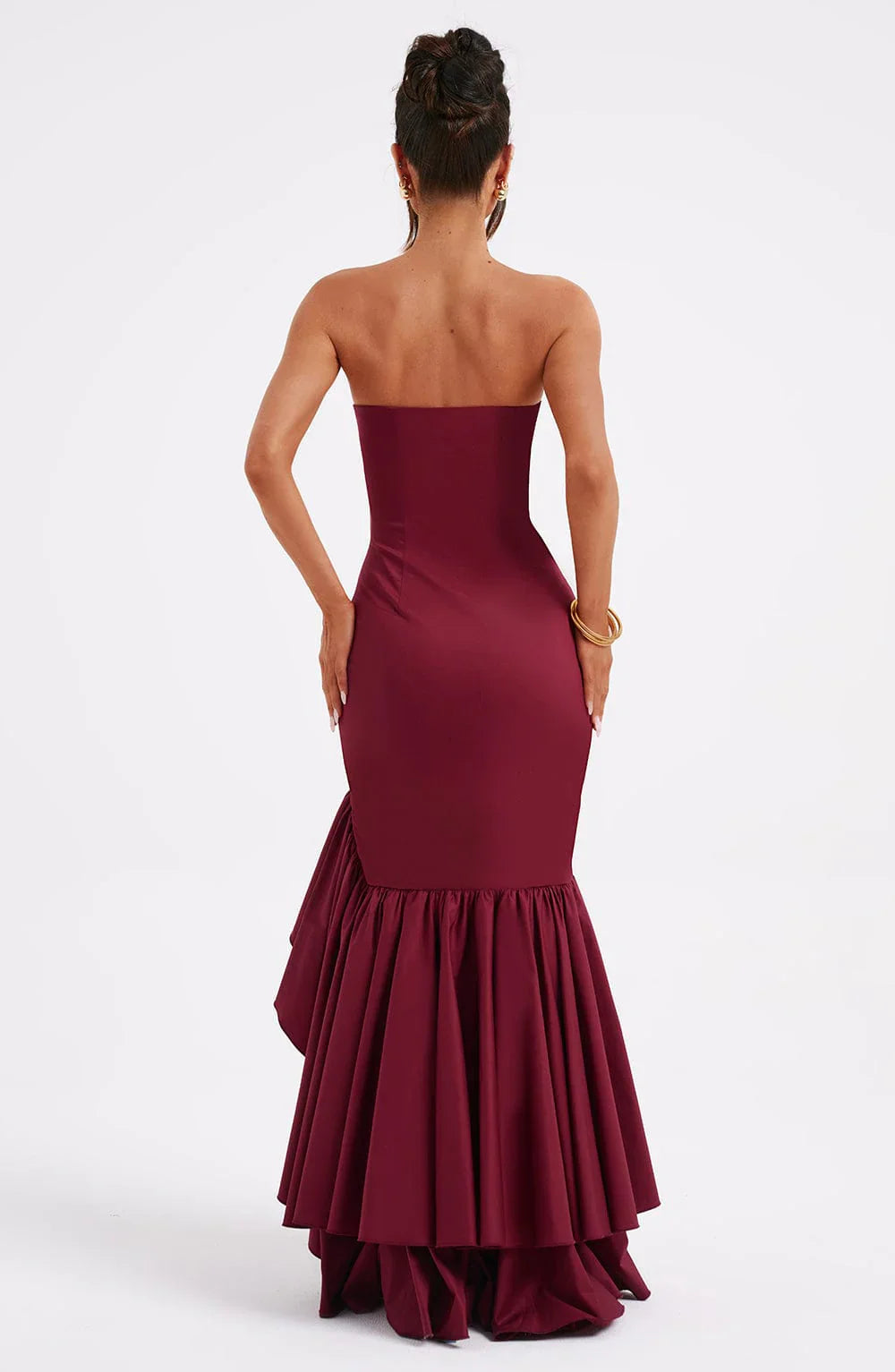 Burgundy Strapless Corset Mermaid Dress with Tiered Ruffle Skirt and High Slit Prom Dress