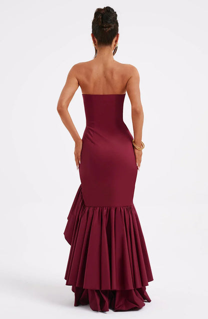 Burgundy Strapless Corset Mermaid Dress with Tiered Ruffle Skirt and High Slit Prom Dress