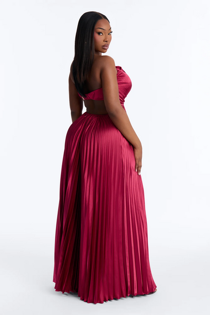 Burgundy Strapless Pleated Satin Cutout Back Evening Dress