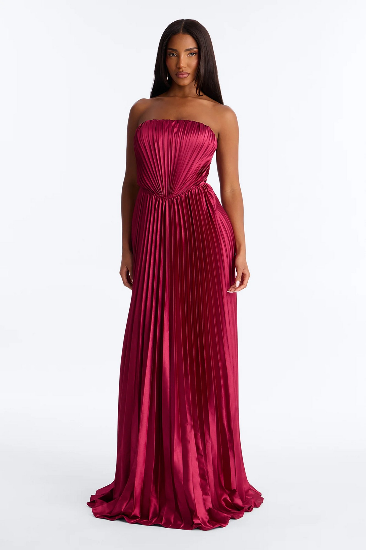 Burgundy Strapless Pleated Satin Cutout Back Evening Dress