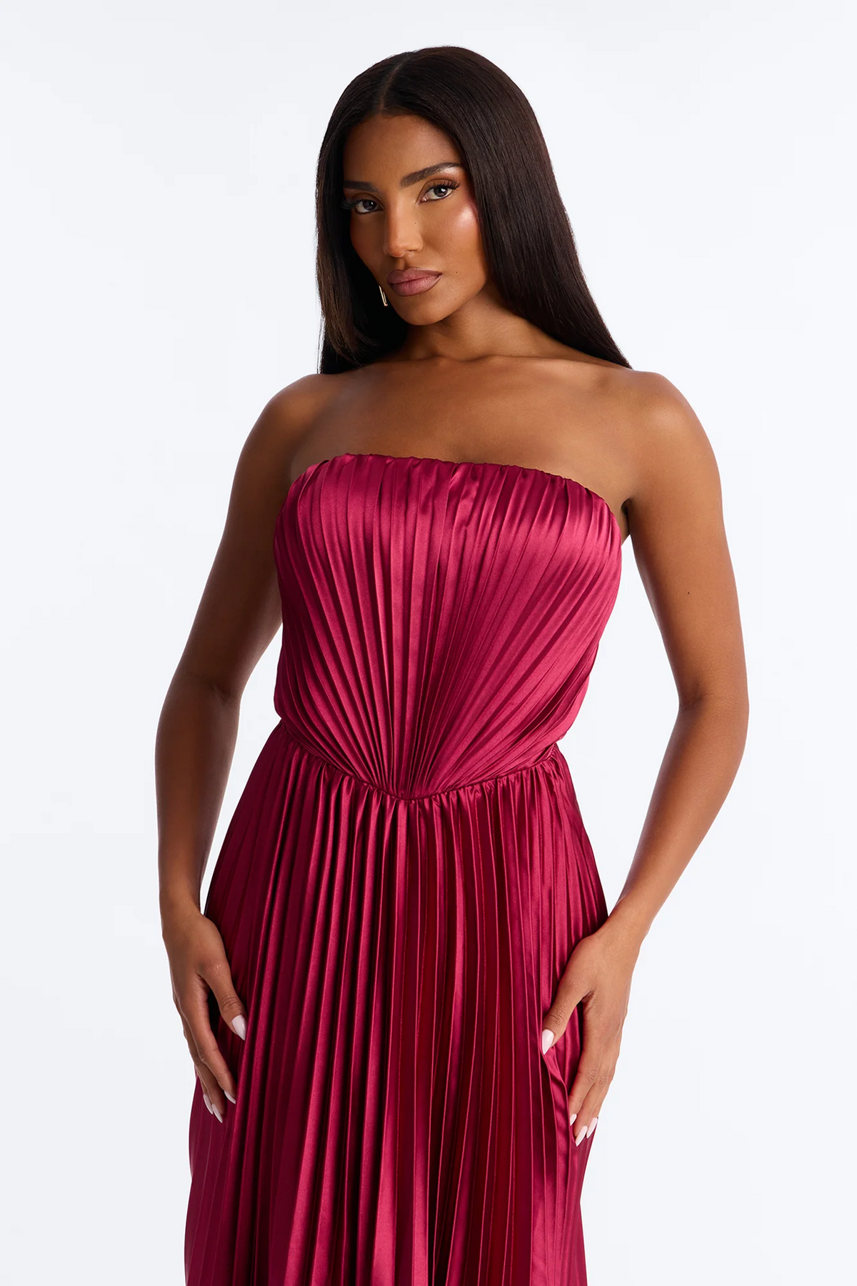 Burgundy Strapless Pleated Satin Cutout Back Evening Dress