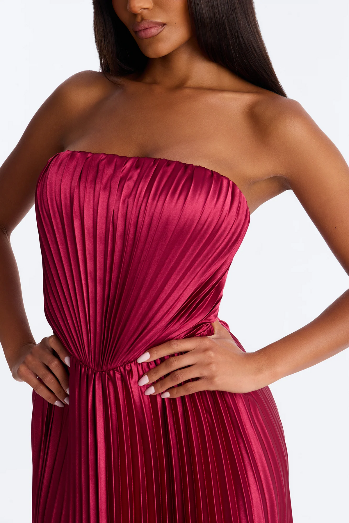 Burgundy Strapless Pleated Satin Cutout Back Evening Dress