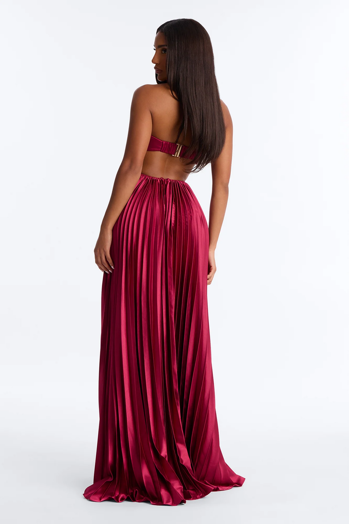 Burgundy Strapless Pleated Satin Cutout Back Evening Dress
