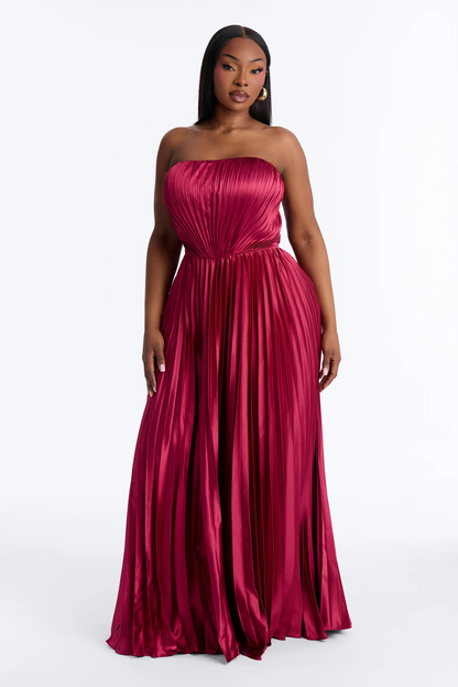 Burgundy Strapless Pleated Satin Cutout Back Evening Dress