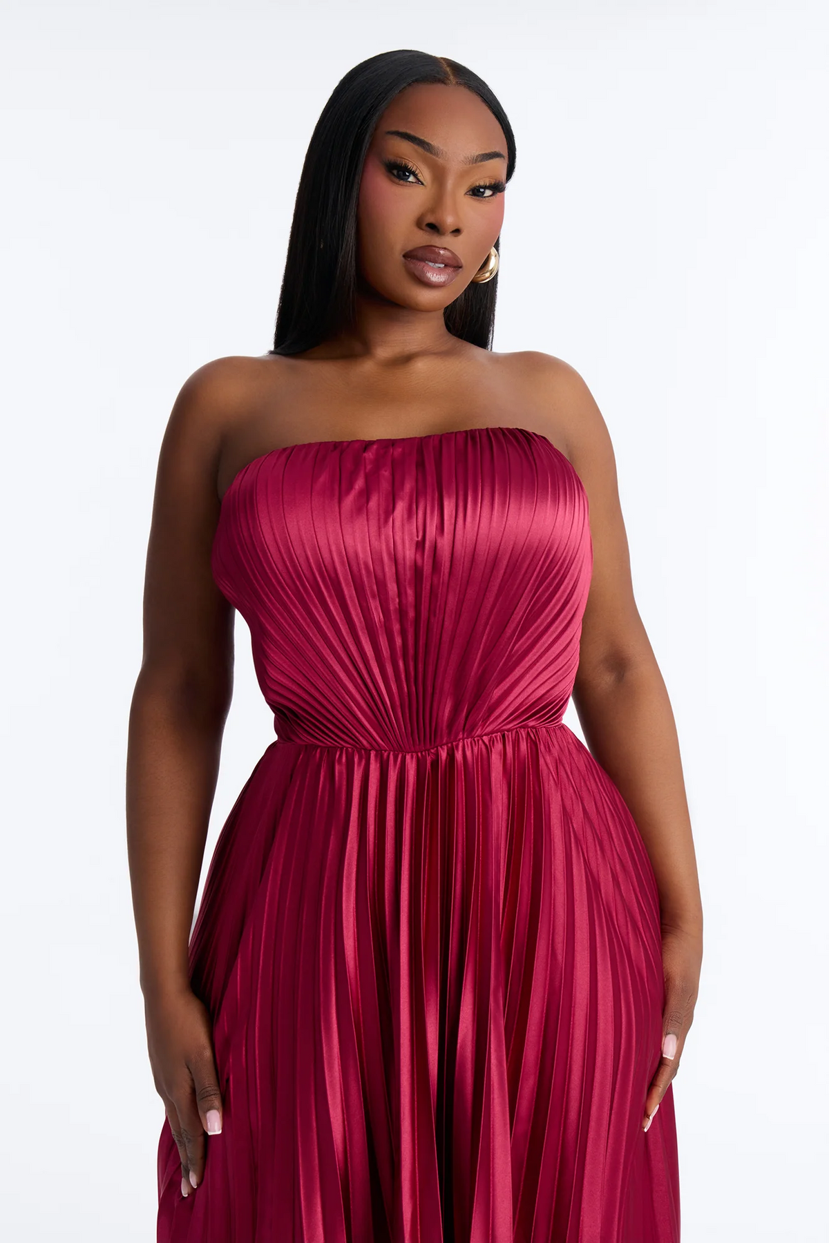 Burgundy Strapless Pleated Satin Cutout Back Evening Dress