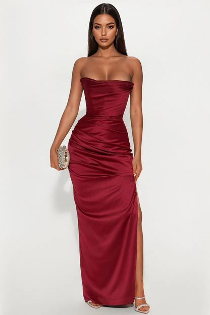 Burgundy Strapless Ruched Mermaid Evening Dress With High Slit