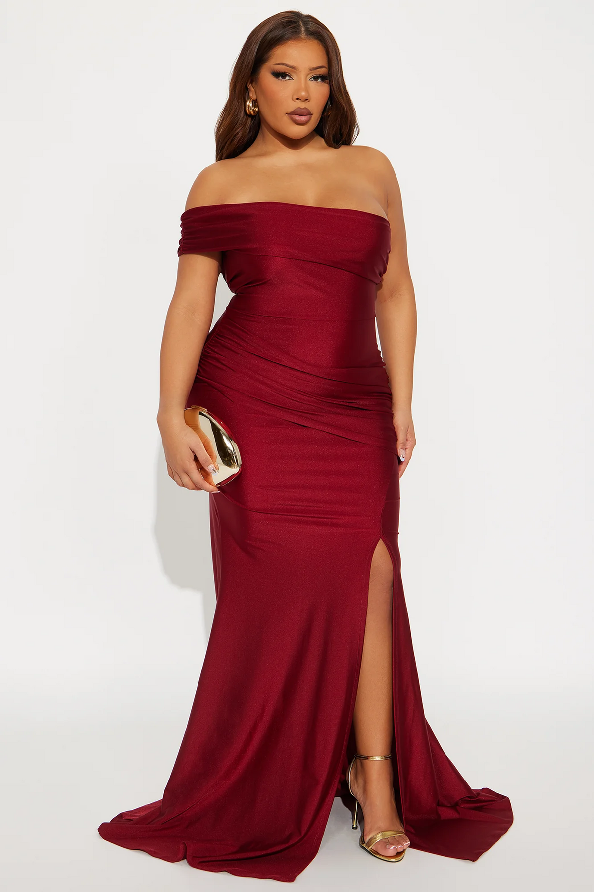 Burgundy Strapless Ruched Mermaid Evening Dress With High Slit