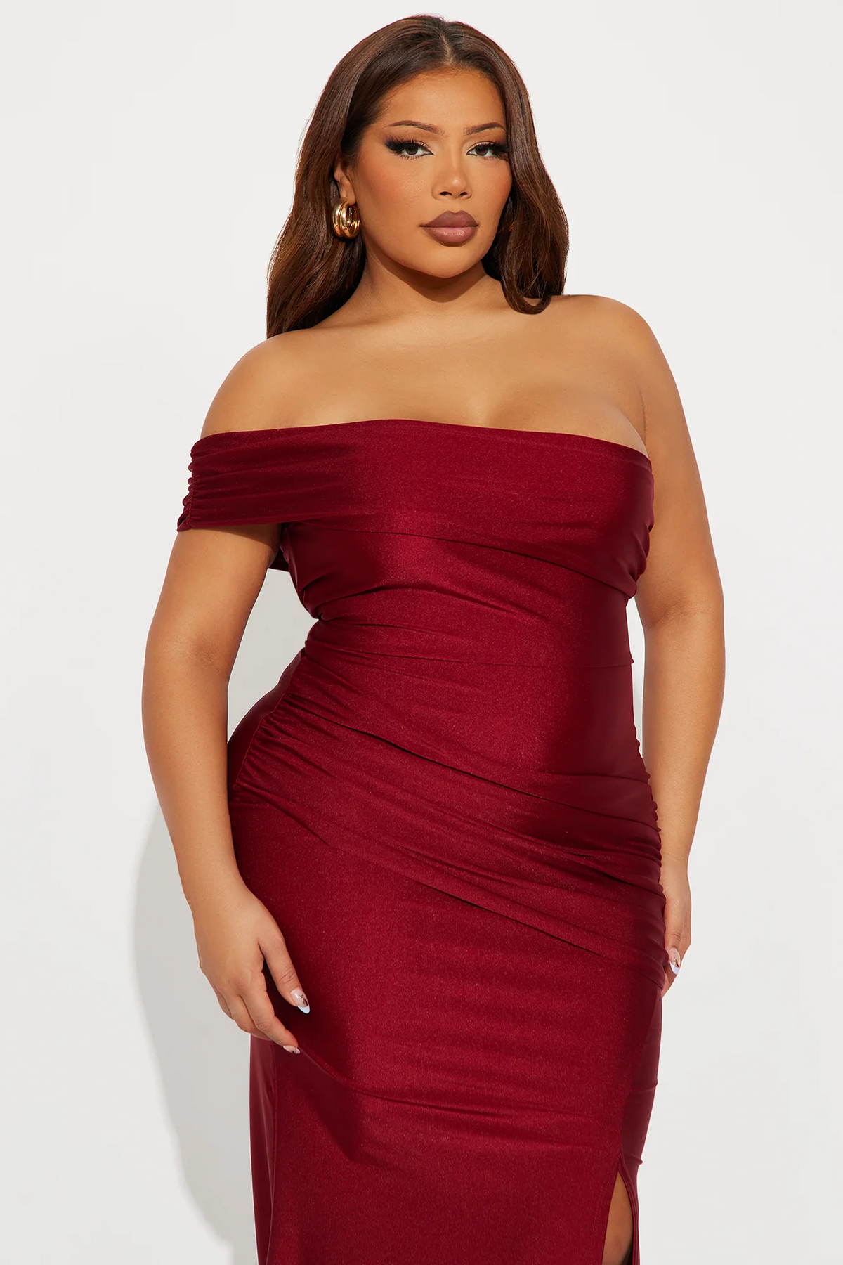 Burgundy Strapless Ruched Mermaid Evening Dress With High Slit