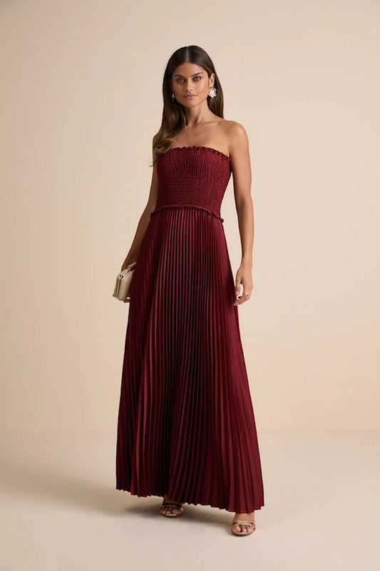 Burgundy Strapless Smocked Pleated Maxi Prom Dress
