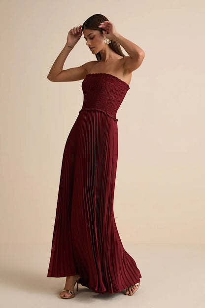 Burgundy Strapless Smocked Pleated Maxi Prom Dress