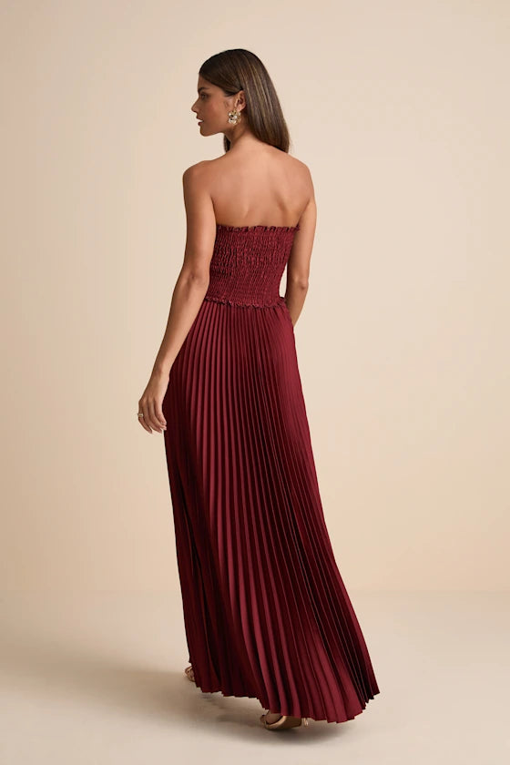 Burgundy Strapless Smocked Pleated Maxi Prom Dress
