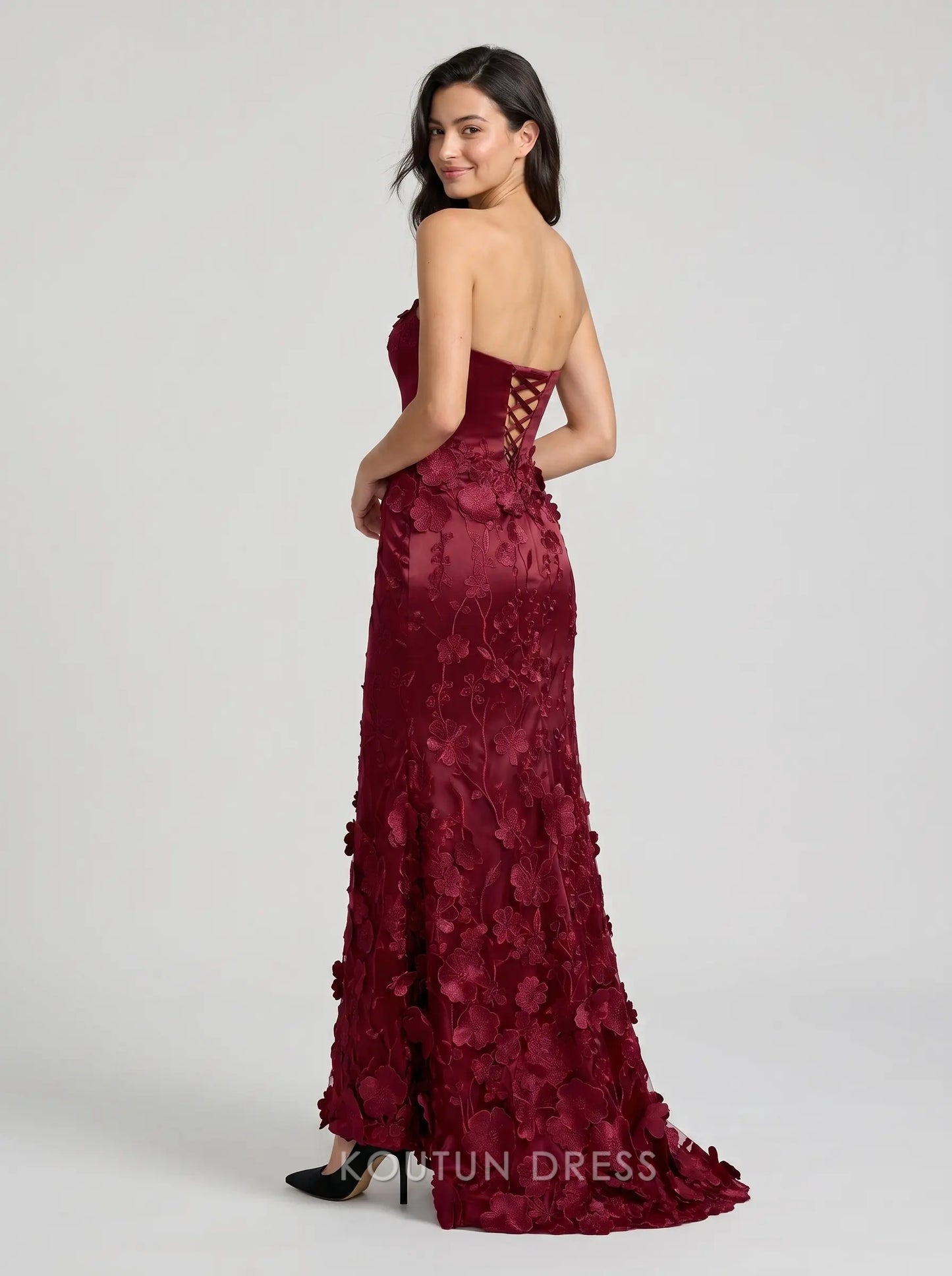 Burgundy Strapless Sweetheart 3D Floral Appliqué Lace-Up Back Satin Mermaid Formal Evening Prom Dress