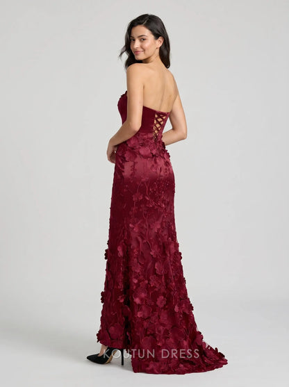 Burgundy Strapless Sweetheart 3D Floral Appliqué Lace-Up Back Satin Mermaid Formal Evening Prom Dress