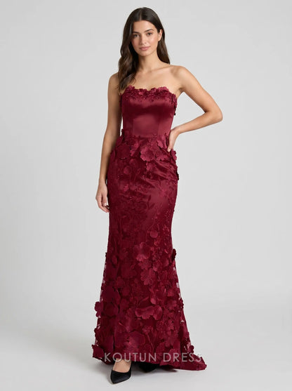 Burgundy Strapless Sweetheart 3D Floral Appliqué Lace-Up Back Satin Mermaid Formal Evening Prom Dress