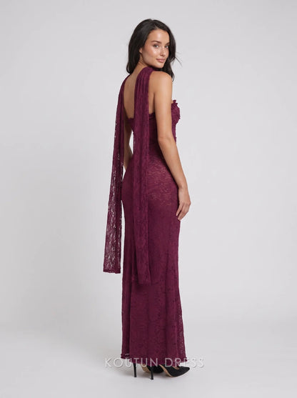 Burgundy Strapless Sweetheart Lace Mermaid Formal Evening Prom Dress With Detachable Scarf