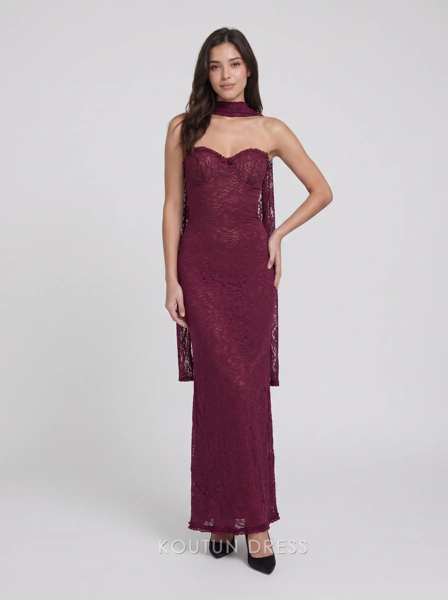 Burgundy Strapless Sweetheart Lace Mermaid Formal Evening Prom Dress With Detachable Scarf