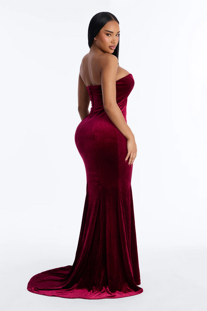 Burgundy Strapless Velvet Corset Mermaid Evening Dress With High Slit and Draped Skirt