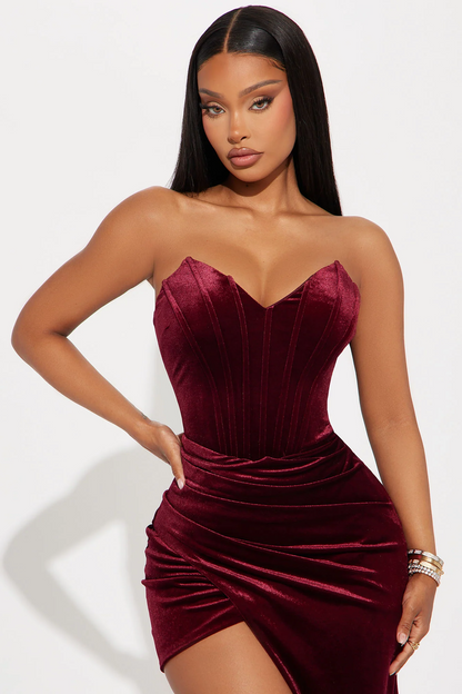 Burgundy Strapless Velvet Corset Mermaid Evening Dress With High Slit and Draped Skirt