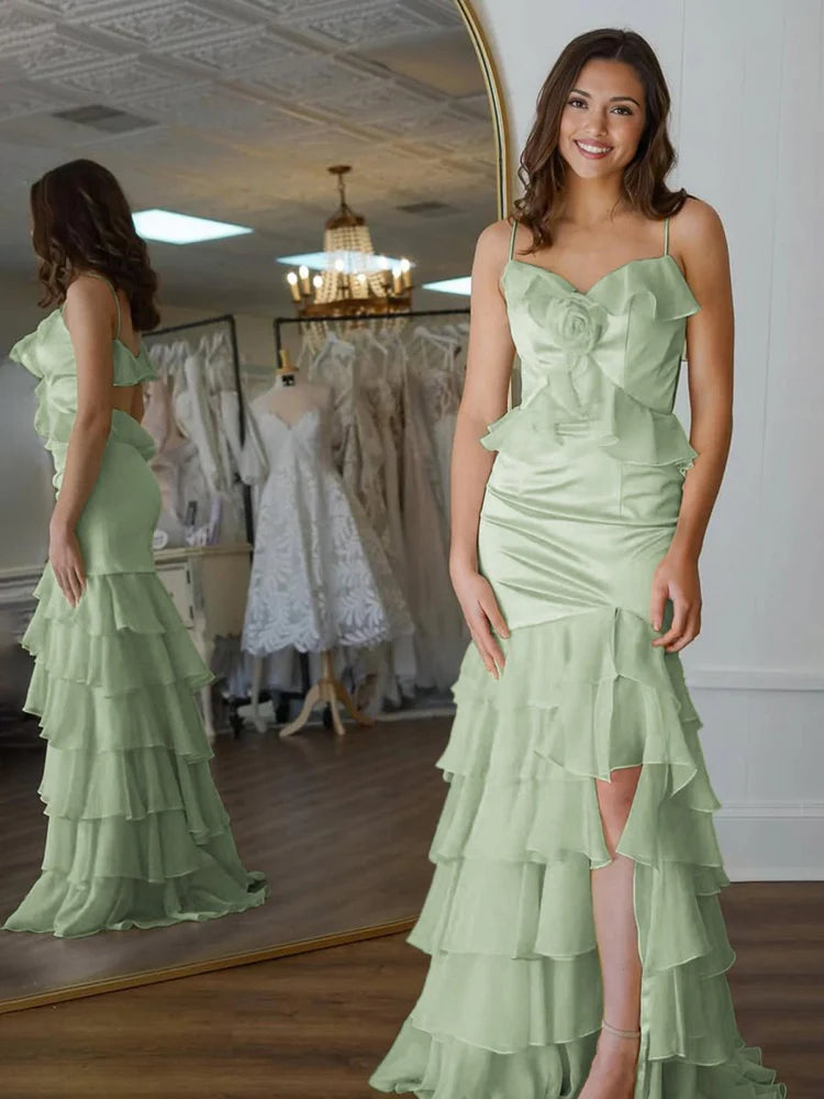 Buttercup Yellow 3D Rose Ruffle Tiered Spaghetti Strap Prom Dresses