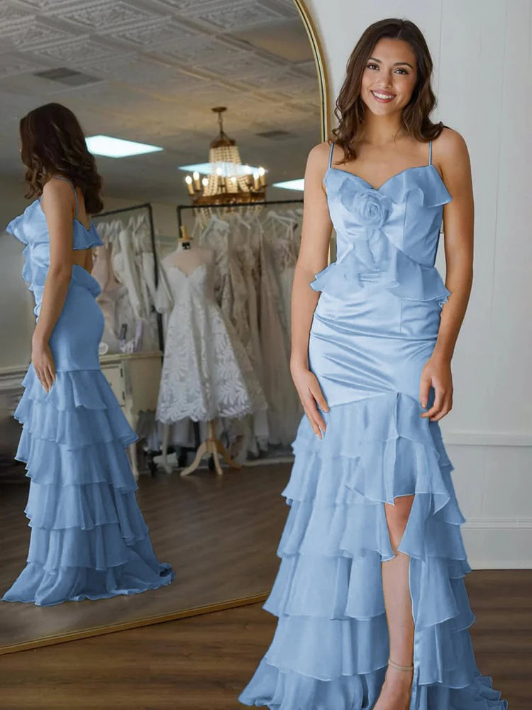 Buttercup Yellow 3D Rose Ruffle Tiered Spaghetti Strap Prom Dresses