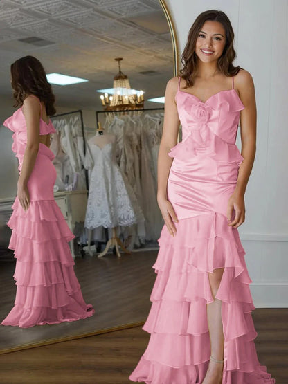 Buttercup Yellow 3D Rose Ruffle Tiered Spaghetti Strap Prom Dresses