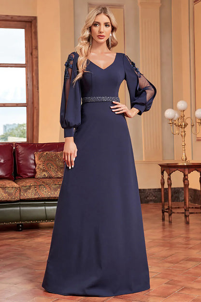 A-Line V-Neck Long Sleeves Navy Mother of the Bride Dress with Beading