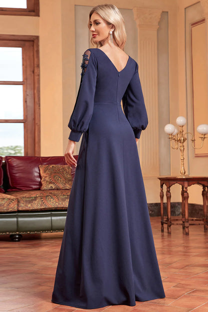 A-Line V-Neck Long Sleeves Navy Mother of the Bride Dress with Beading