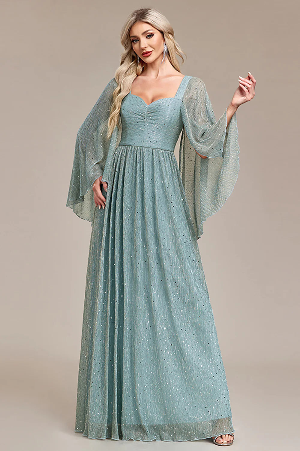 Long Sleeves Green Sparkly Tulle Prom Dress A Line Mother of the Bride Dress