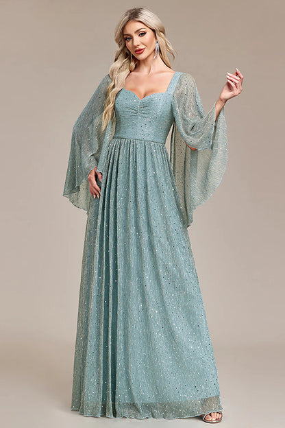 Long Sleeves Green Sparkly Tulle Prom Dress A Line Mother of the Bride Dress